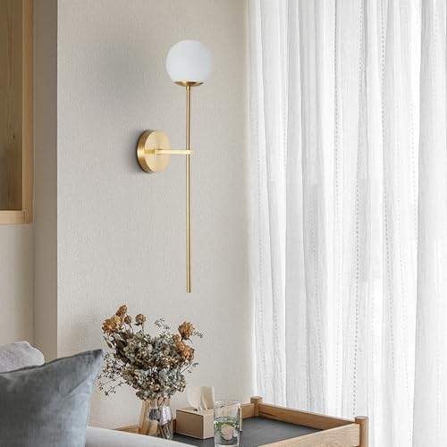 BOKT Mid Century Modern Long Wall Sconce Brushed Brass Bathroom Vanity Wall Sconce Lighting Small Gold Globe Wall Light White Glass Sphere Wall Lamp Antique Brass Wall Lighting