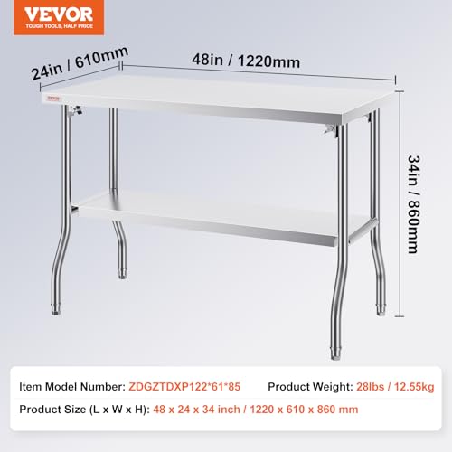 VEVOR Double Layer Stainless Steel Foldable Work Table 48x24 Inch for Commercial Kitchen & Outdoor Use