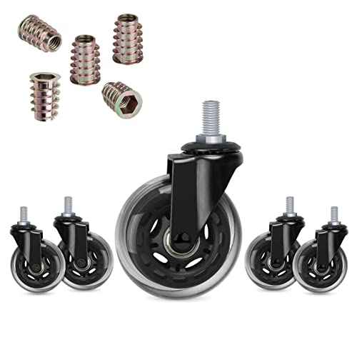 Hirate 3" Office Chair Casters Wheel with 3/8"-16UNC Threaded Stem Mute Gaming Chairs Casters Replacement Safe for Hardwood Tile Floors, Set of 5 with Screw Inserts