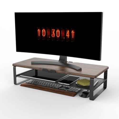 Monitor Stand for Desk, 2-Tier Monitor Stand Riser with Phone Holder and Cable Management - Desk TV Shelf, Laptop Printer, Desk Organizer Stand, for Home & Office (Wood Brown)