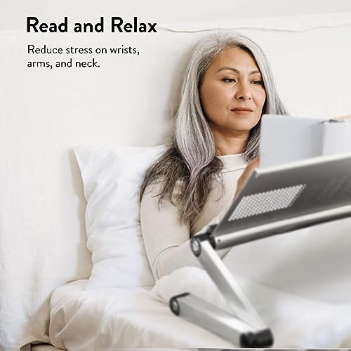 Uncaged Ergonomics Adjustable Book Holder, Tablet & Laptop Stand, Aluminum Portable Reading Stand for Textbooks & Cookbooks, Recipe Holder for Kitchen Counter, Silver
