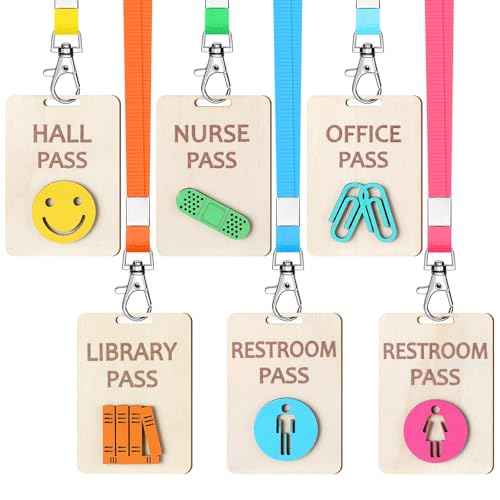 6 Sets Hall Pass Lanyards and School Passes Set Unbreakable Wooden Bathroom Passes for Classrooms Hall, Restroom, Library, Office and Nurse School Teacher Supplies Gift