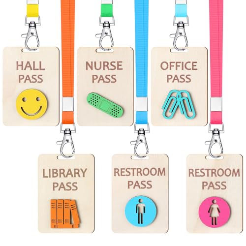 Chiisong 6 Pcs Classic Wooden Hall Pass Lanyards for School Restroom & Classroom - Beige
