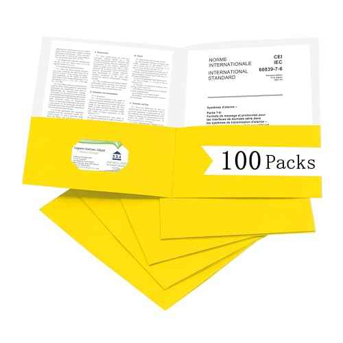 Zzrywuty 100 Packs Two Pocket File Folders with Business Card Slot,Textured Paper,Letter Size,Holds 100 Plus Sheets for School,Office,Business,Yellow