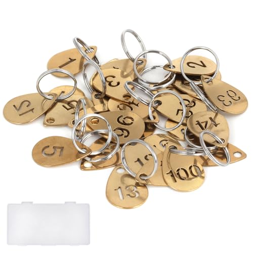 Key Tags with Numbers, Brass Droplet Shaped Key ID Tag, Metal Number Tags, Keychain Labels - 1 to 80