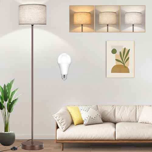 65¡®¡¯ Simple Design Floor Lamp with 3CCT 9W LED Bulb, Modern Industrial Standing Lamp for Living Room with Foot Switch, Tall Lamp with Drum Shade, Stand Up Floor Light for Study Bedroom Office, Brown