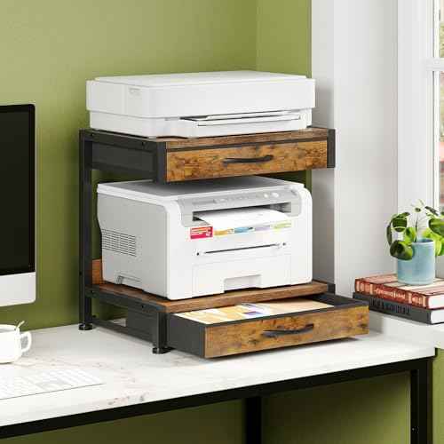 2-Tier Desktop Printer Stand with 2 Fabric Drawers, Prtiner Table with Storage Shelf, Desk Organizer for Home Office,3D Printer,Fax Machine,Scanner (Brown, 2 Tier)