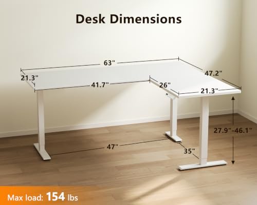 Casaottima 63-Inch White L-Shaped Electric Standing Desk for Home Office