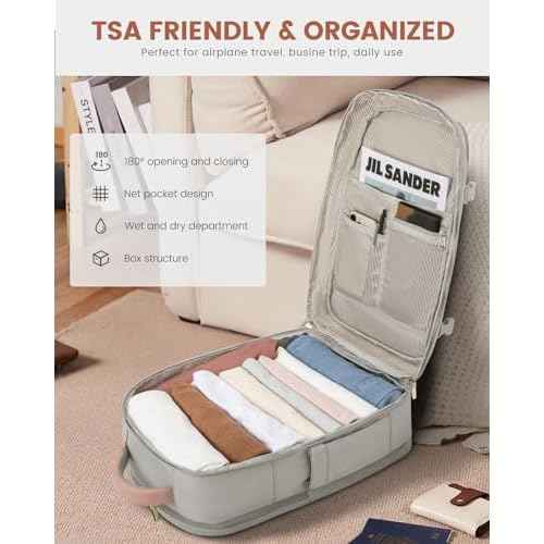 LOVEVOOK Travel Backpack For Women, 40L Carry On Backpack Flight Approved, TSA Personal Item Travel Bag Fits 17 Inch Laptop, Business Weekender Overnight Waterproof Daypack With 2 Cubes, Grey-Pink