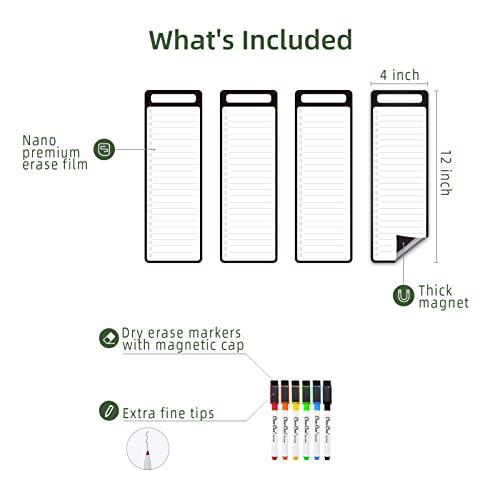 Magnetic Dry Erase List Board - 4"x12" Multifunctional List Board for Fridge - 6 Extra Fine Point Markers Included - Shipped Flat