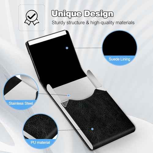 Business Card Holder for Women or Men, Business Card Case with PU Leather and Stainless Steel, Slim Metal Case with Magnetic Closure for Business Meeting Use