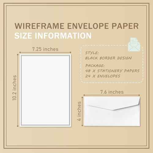 72 Pieces Stationary Letter and Envelopes, Black Border Design stationery paper and Envelopes Set, 48 Paper Sheets + 24 Envelopes Letter Size