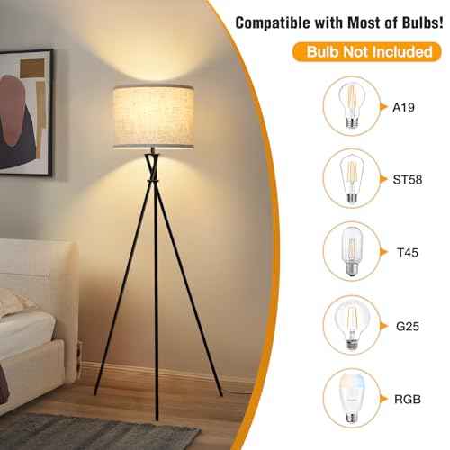 Tripod Floor Lamp Black, 61¡± Tall Floor Lamps, Standing Lamp with Rotary Switch, Modern Floor Lamp Simple Design with Beige Shade, Floor Lamps for Living Room, Bedroom, Office, Without Bulb