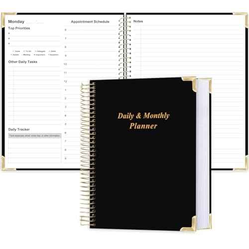 Undated Daily Monthly Planner for 2025 2026 - A4 To Do List with Hourly Schedule, Hardcover Spiral Bound Daily Planner to Increase Focus, Stylish School/Office Supplies, 8.5" x 11", Black