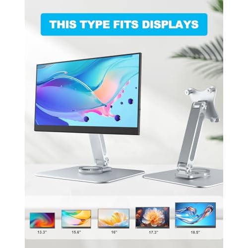 75x75mm VESA Monitor Mount Stand, M4 Anti-Loss Screws, Aluminum Alloy Base, Fits 7"-18" Small Portable Monitors, Silver Foldable Lay Flat Monitor Stand (Not Fit 100x100mm Vesa)