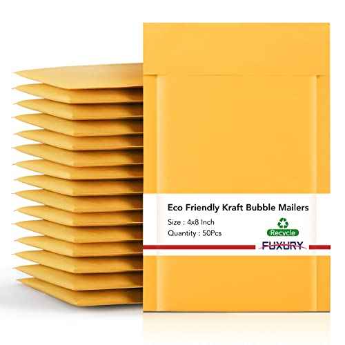 Fuxury Kraft Bubble Mailer 4x8¡± 50Pack Strong Adhesion Padded Envelopes Thick Bubble Envelopes Usable Size 4x7" Waterproof Cushioned Bubble Mailers Packaging for Small Business #000 Yellow