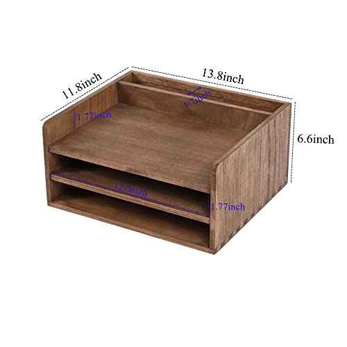 Desk Organizer for File Folder Storage with 3 Paper Letter Tray &1 Vertical Compartment- Wood Office Desktop Document Organizer Rack - Filing Folder Mail Sorter Desk accessories Dark WJJ3K-DK