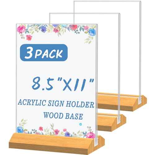 Acrylic Sign Holder 8.5 x 11 Inch 3 Pack, Wood Base Paper Stand for Menu Flyer Display, Table Top Clear Plastic Picture Frame for Stores, Restaurants, Hotels, Office, Farmers Market Show Fair Decor.