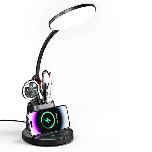 Desk Lamp with Wireless Charger, LED Desk Lamp for Home Office with Pen Holder, Dimmable Eye-Caring Study Desk Light Flexible Arm 3 Color Modes for College Dorm, 800 Lumens CRI 90