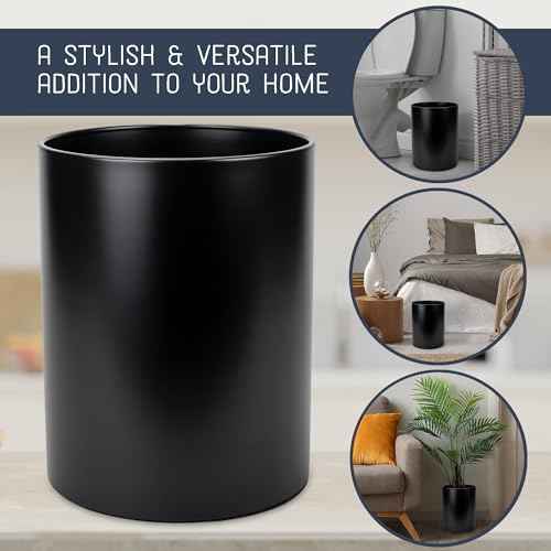 Round 9.5 x 8 Iron Metal Bathroom Trash Can Wastebasket Home Office Bedroom Fits 2.25 Gallon Trash Bag Liner, Black