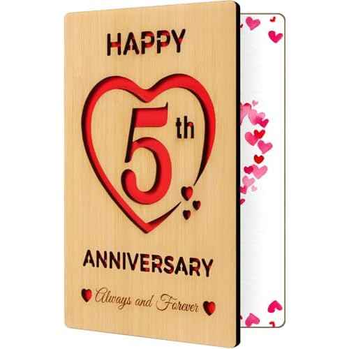 5 Year Marriage Anniversary Card Gifts for husband Wife, Wooden Happy 5th Anniversary Card for Her Him, Always and Forever Fifth Wood Wedding Cards for Men