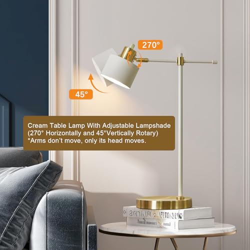 OYEARS Modern Industrial Desk Lamp for Reading LED 22.2¡° Metal Table Lamp Light for Office Bedroom Study Room Living Room Nightstand Bedside Lamps Gold and Matte Cream Accent (Cream, Bulb Included)