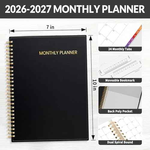 SUNEE 2026-2027 Planner - 24 Months (Jan 2026 - Dec 2027) - 7"x10" Monthly Spreads & Yearly Planner, Black
