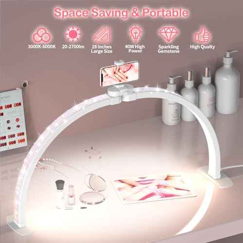 Foldable Large Half Moon LED Light,29" Arch Light with Rhinestone-Encrusted for Table Nail Desk with Phone Stand, Upgrade Arch Light for Nail Techs (White, Large)