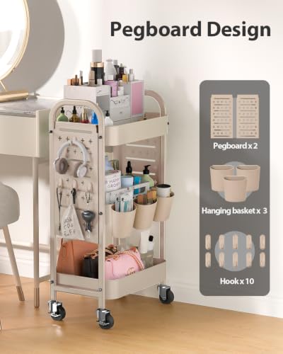 ALVOROG Khaki 3-Tier Metal Rolling Utility Cart with Pegboards, Baskets & Hooks