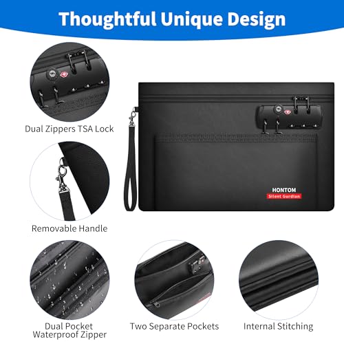 Hontom Double Layer Fireproof Money Bag with Lock & Hidden Zipper - 11x7 in (Black)