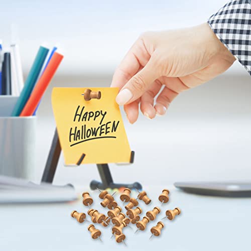 Dorbetar 40 Pcs Wood Push Pins - Decorative Thumb Tacks, Natural Wood & Stainless Steel, Brown