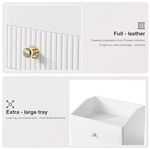 Desk Organizer,Beige White Vegan Leather Desk Accessories & Workspace Organizers with 2 Drawers & Tray,Key Holder with Gold-Tone Metal Accents knob£¬Jewelry Box,Nightstand