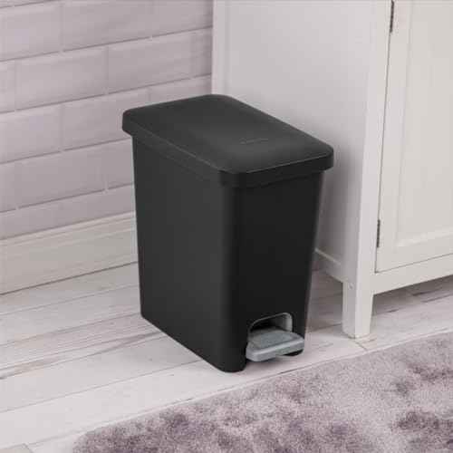 Sterilite 2.7 Gallon Rectangular StepOn Wastebasket with Lid, Small Plastic Trash Can for the Bathroom, Bedroom or Home Office, Pedal and Liner, Black, 2-Pack