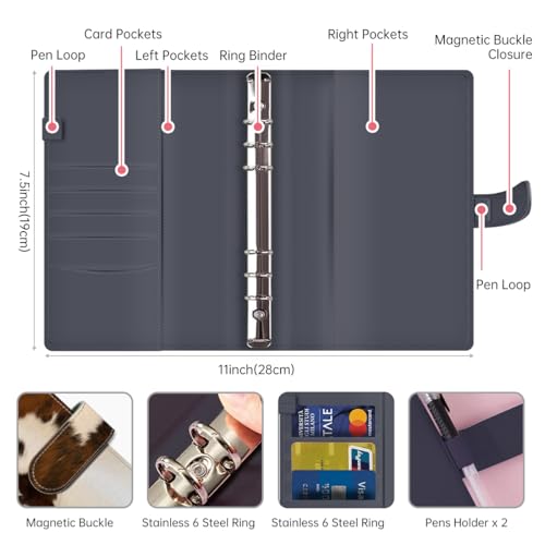 AOPEFNX Retro Brown Cowhide Budget Binder with Zipper Envelopes for Money Saving