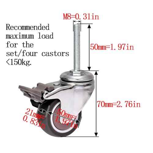 Heavy Duty Castor Wheels 4Pcs 2 Inch Rubber Wheels with Brakes Silent Universal Swivel for Furniture Replacement Office M8¡¿50mm Thread Casters Capacity 150kg Ball Bearings
