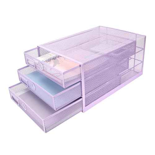 EXERZ Paper Sorter 3 Tier Drawers A4 / Multifunctional Desk Organiser/Letter Tray - Documents, Magazines, Notebooks and Letters - Light Purple