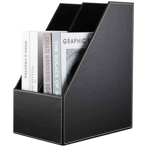 KINGFOM Wooden Leatherette Desktop File Folder Organizer and Document File Stand Journals Magazine Rack 2 Slots (black)