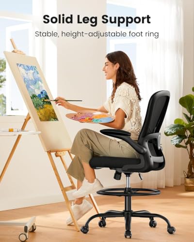 ErGear Drafting Chair Black with Footrest, Flip-Up Arms & Ergonomic Support