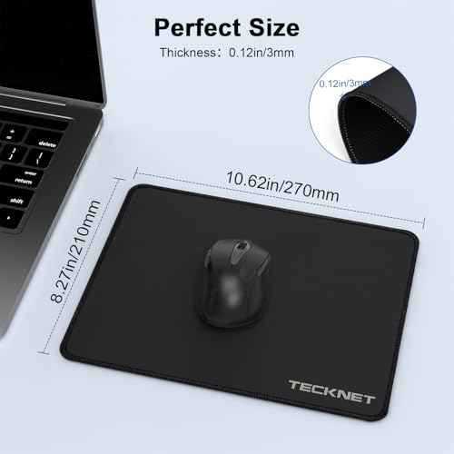 TECKNET 4 Pack Mouse Pad with Anti-fray Stitching, Waterproof Surface & Non-Slip Rubber Base with Stitched Edges Gaming Mouse Mat for Laptop, Compatible with Laser and Optical Mice - Black