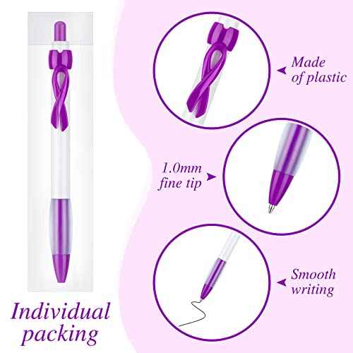 200 Pcs Purple Ribbon Retractable Pen Bulk Lupus Domestic Violence Awareness Grip Pen Black Ink Epilepsy Alzheimers Pancreatic Cancer Awareness Ballpoint Pens for Charity Events Campaign Party