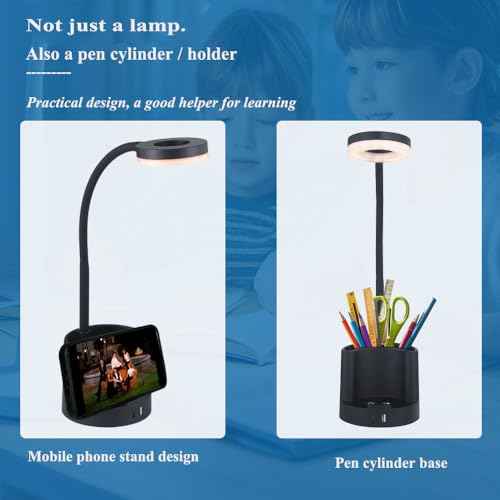 HomeFocus LED Desk Lamp, Eye-Caring Dimmable Reading Light with USB Charging Port & RGB Mood Light, Office Desk Lamp with Pen Holder for Home Office, Bedroom, Study (Black)