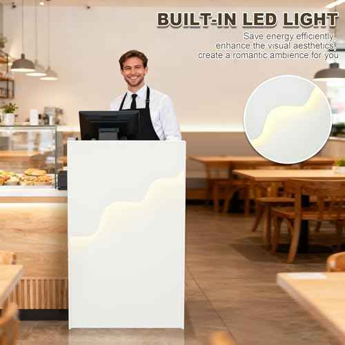 Small Reception Desk with Counter LED Light, Modern Front Desk with Lockable Drawer, White Retail Checkout Counter for Clothing Store Lobby Beauty Salon (White, 37.8x23.6x15.7in)
