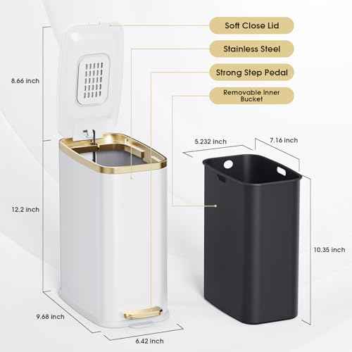 CEROELDA Small Bathroom Trash Can with Lid Soft Close-5L/1.3 Gal Slim Garbage Can-Metal Step Wastebasket-Rectangle Narrow Waste Bin for Office, Bedroom, Toilet, Live Room (White)