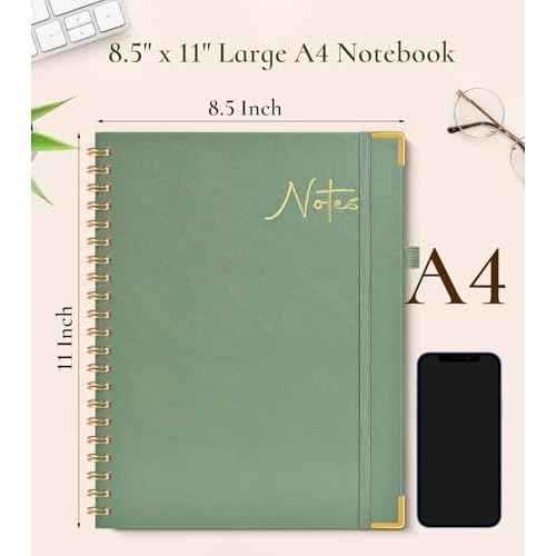 Hardcover Spiral Notebook Journal 8.5¡± x 11¡±, A4 Large Leather Notebooks for Women Men, Lined College Ruled Notebook, 100 GSM Paper, Spiral Bound Journals for Work School Note Taking Business, Green