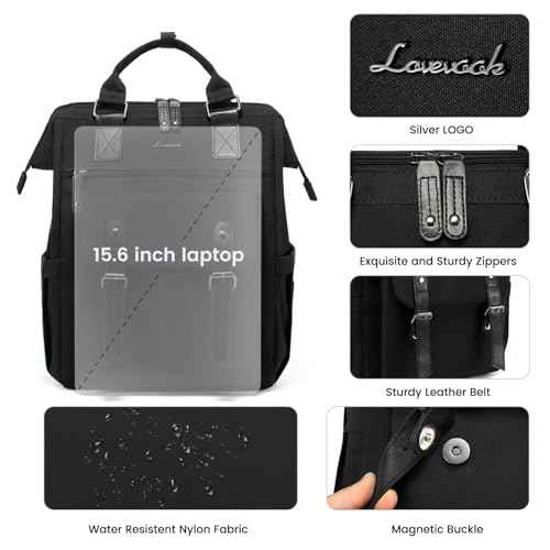 LOVEVOOK Laptop Backpack for Women, 15.6 Inch Work Business Backpacks Purse, Large Capacity Teacher Nurse Bag Work Travel Computer Backpacks, College Bookbag for School, Water Resistant Daypack, Black