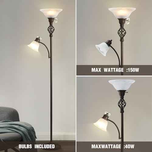 Torchiere Floor Lamp for Living Room, LED Standing Reading Light for Bedroom with Glass Shade for Living Room Corner Bedroom Home Office,Bulbs Included (Red Brown,Glass 2 Head)