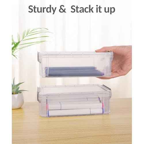 Sooez 6 Pack Extra Large Pencil Box, Plastic Pencil Case Crayon Box, Clear Marker Organizer Plastic Containers with Lid, Stackable Storage Boxes for Art Craft,Pen,Back to School Teacher Supplies, Grey