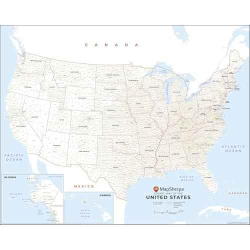USA County Names Map - 33 x 26 inch Poster - Front Lamination