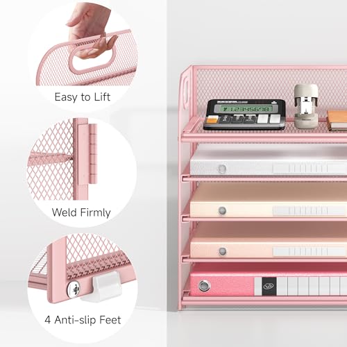 Lavatino 5-Tier Pink Mesh Letter Tray Organizer with Handles - Desktop File Storage