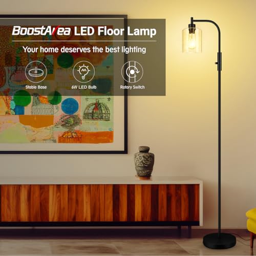 BoostArea Dimmable Standing Lamp with Seeded Glass Lampshade, 6W LED Bulb Included, Modern Industrial Lamp for Living Room, Bedroom, Office